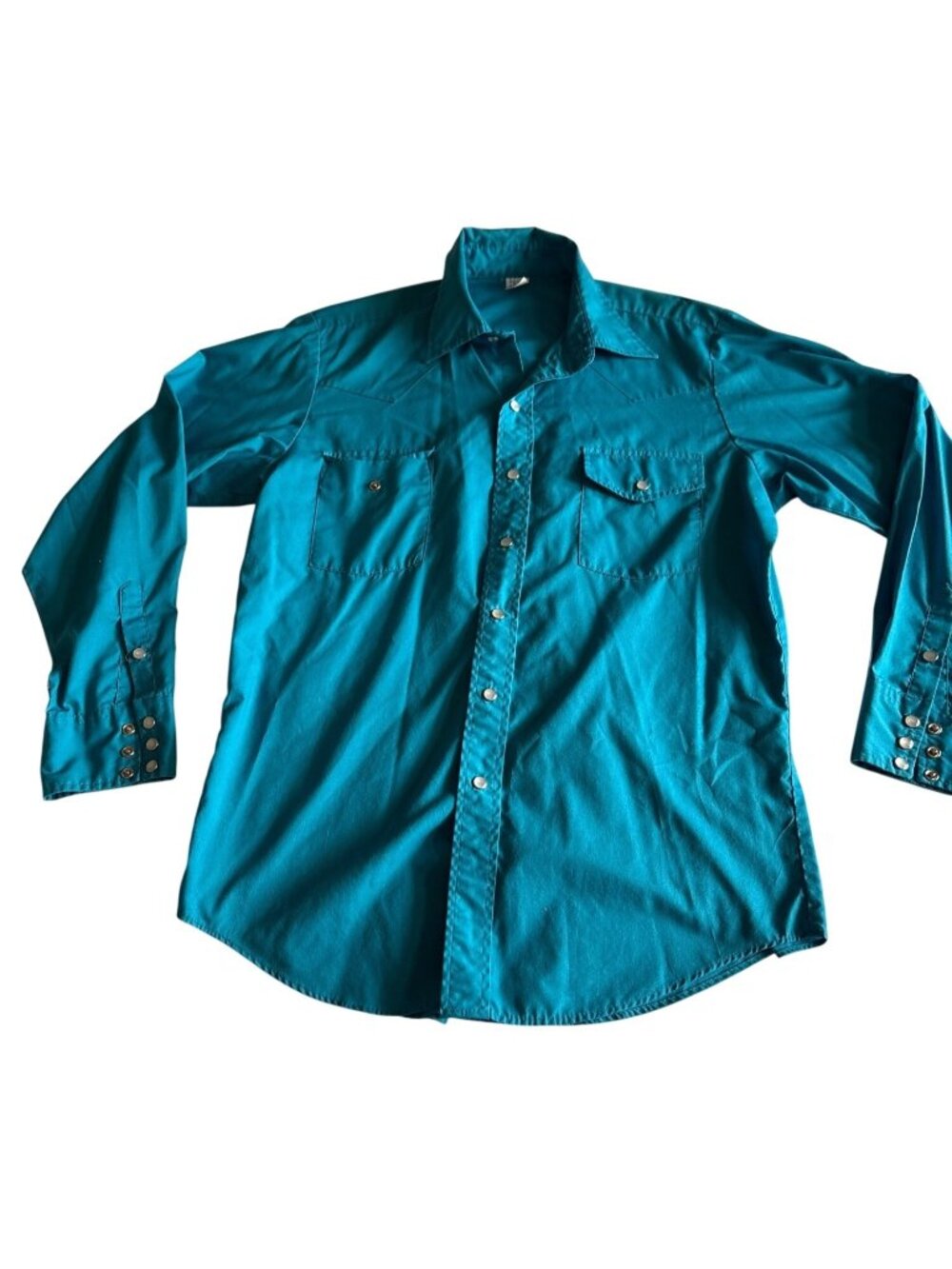 Malco Modes Turquoise Western Snap Shirt Size 16 34 Long Sleeve Made In USA